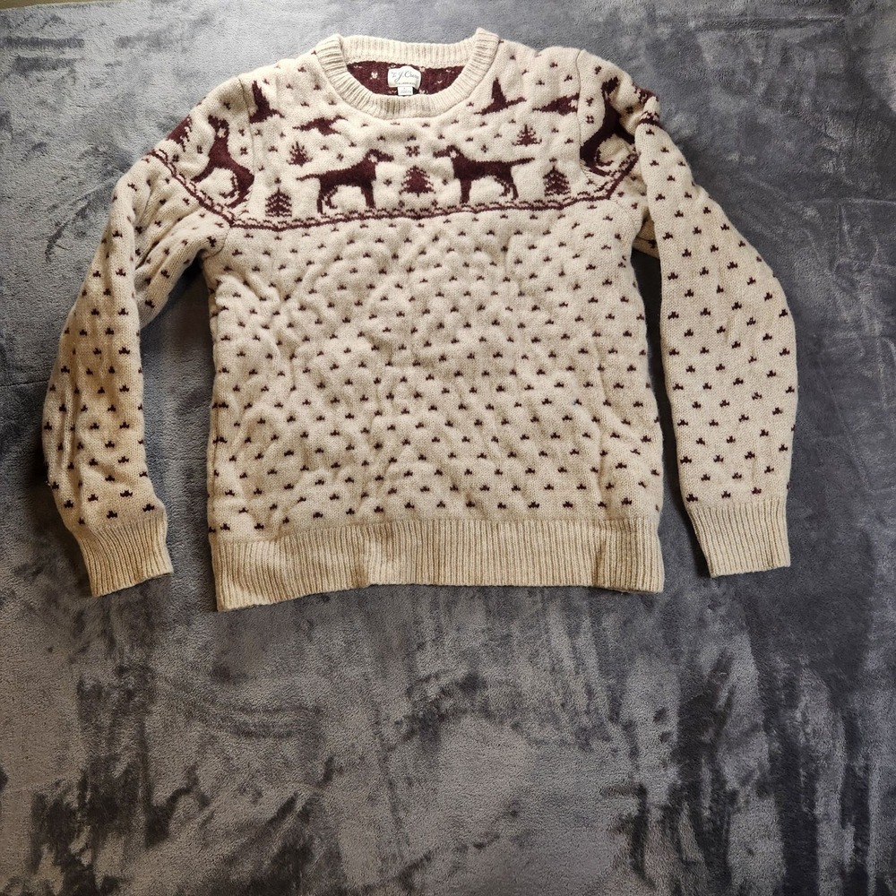 J.Crew Sweater Mens Large White Lambswool Fair Isle Hunting Dog Crewneck Knit